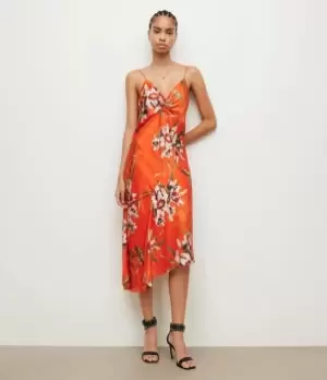 Image of AllSaints Womens Alexia Dorada Silk Blend Dress, Flame Orange, Size: 16