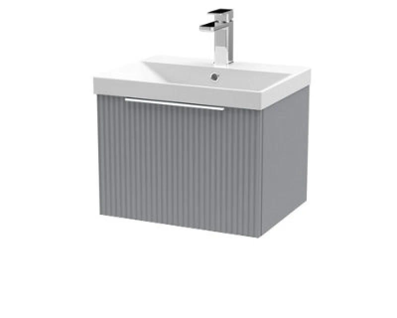 Image of Hudson Reed Fluted Wall Hung 1-Drawer Vanity And Thin-Edge Basin, Contemporary Sink Vanity Unit, Satin Grey