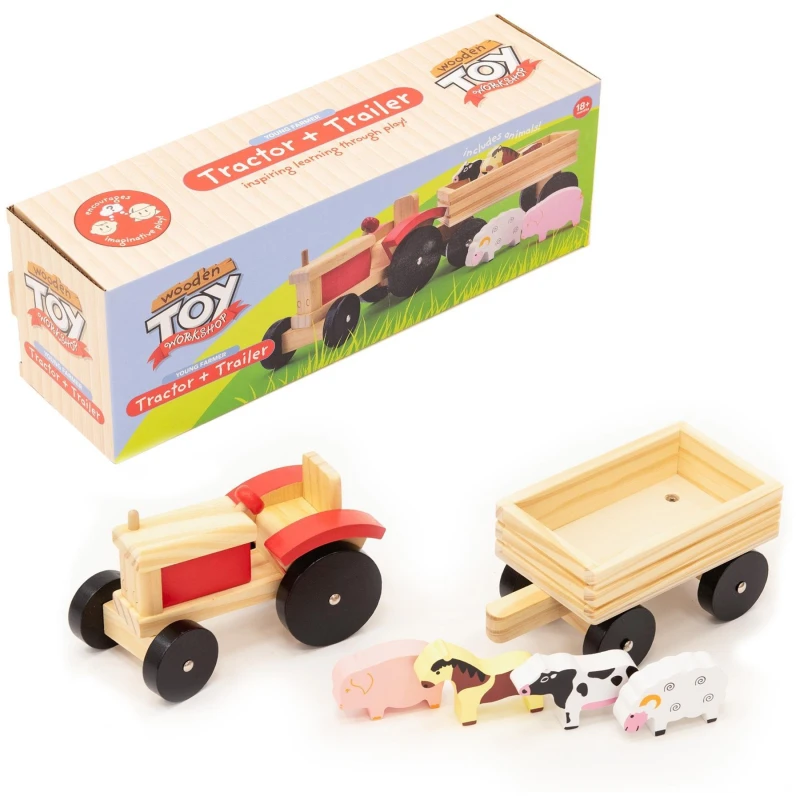 Image of KandyToys Wooden Tractor & Trailor Farm Set Light Brown