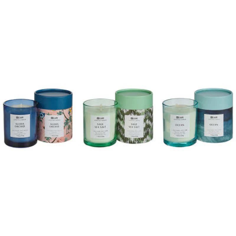 Image of BELIANI Set of 3 Scented Candles 100% Soy Wax Cotton Wick Glass Floral Oriental Herb Fragrance White Tea/Lavender/Jasmine Colorful Barrel 409316