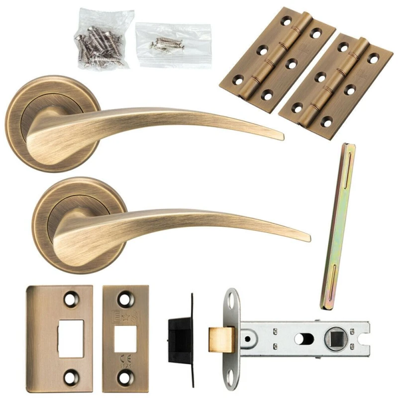 Image of Loops Door Handle & Latch Pack Antique Brass Slim Arched Lever Screwless Round Rose Metallics