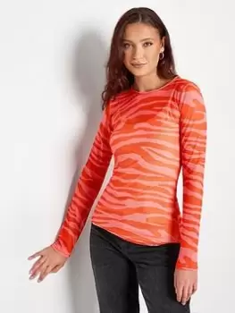 Image of Long Tall Sally Pink Red Zebra Mesh Long Sleeve Top, Pink, Size 20, Women