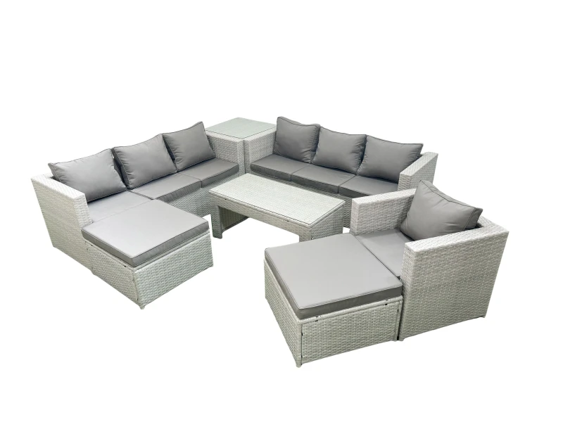 Image of Fimous Wicker PE Rattan Sofa Garden Furniture Set with Oblong Coffee Table Armchair 2 Big Footstools Side Table Light Grey Mixed Light Grey