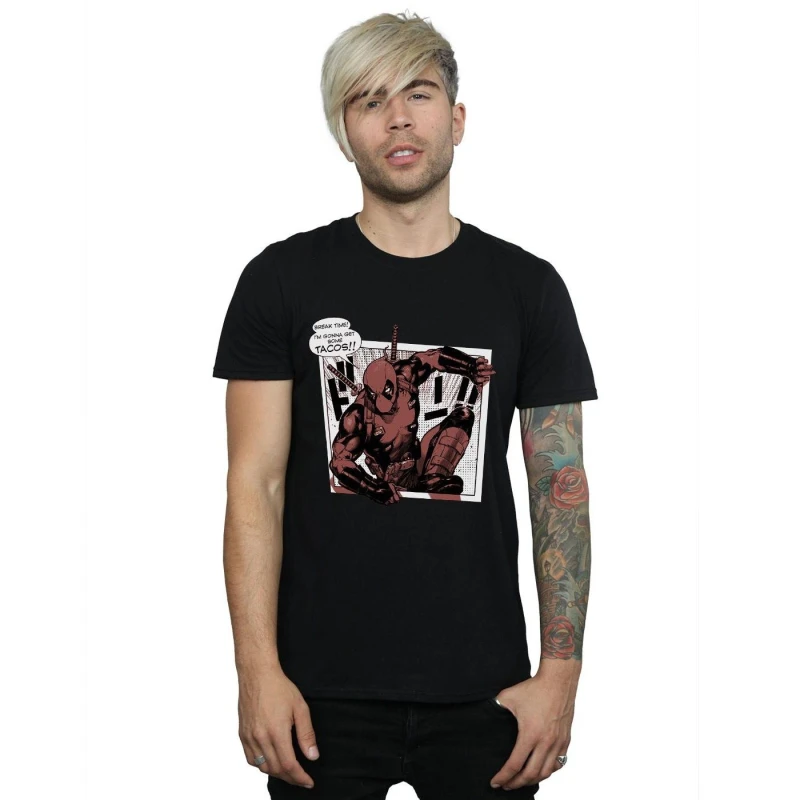 Image of Marvel Marvel Men Deadpool Breaktime Tacos T-Shirt in Black Size: Small Black S Male 5057736419441