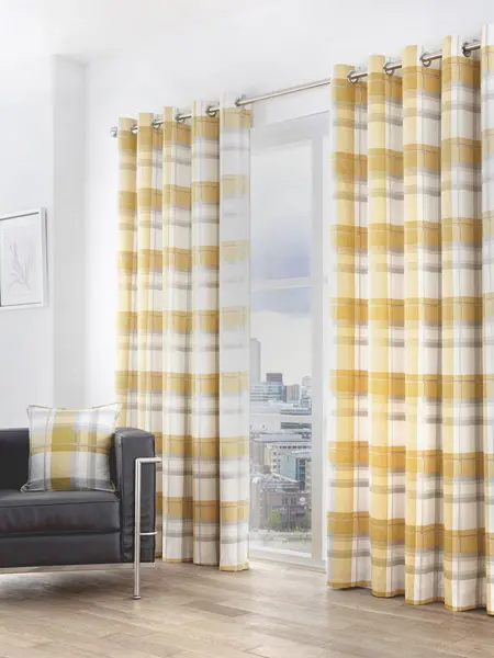Image of Fusion 'Balmoral Check' Country Checked Pattern Pair of Eyelet Curtains Mustard