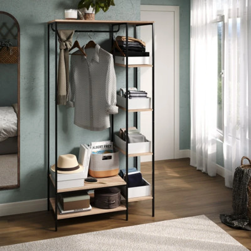 Image of Core Products Kelly Oak Effect Open Wardrobe With Side Shelf Storage - Rustic Industrial Wooden And Metal Storage