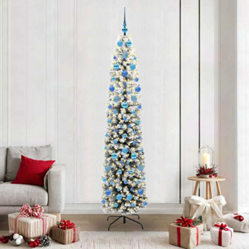 Image of vidaXL Artificial Christmas Tree with 300 LEDs, Blue Balls with Stand Snow Flocked Green 210 cm, Green 3395038