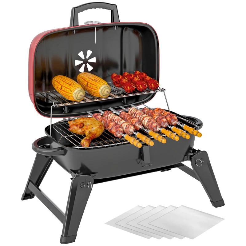 Image of Outsunny Folding Charcoal Barbecue Grill, Portable BBQ for Camping, Red, Red 846-179V00RD