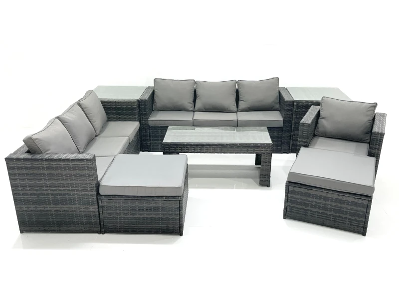 Image of Fimous 9 Seater Rattan Garden Outdoor Furniture Set with 3 Seater Sofa Coffee Table 2 Big Footstool 2 Side tables Dark Grey