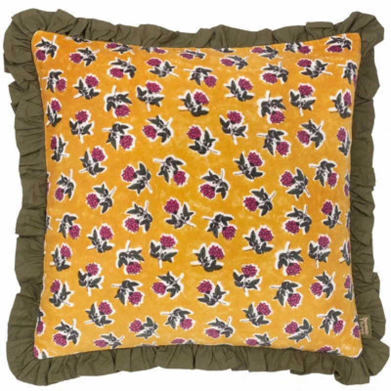 Image of Paoletti Paoletti Kemble Floral Cotton Frilled Polyester Filled Cushion in Olive Size: 45cm x 45cm Olive 45cm x 45cm Unisex 5025532864840