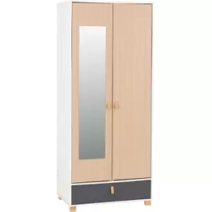 Image of Seconique - Brooklyn 2 Door 1 Drawer Mirrored Wardrobe in Oak Effect and Grey Finish