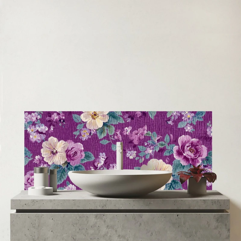 Image of Warren Reed - Designer Purple Textured Flowers Glass Bathroom Splashback Purple Unisex
