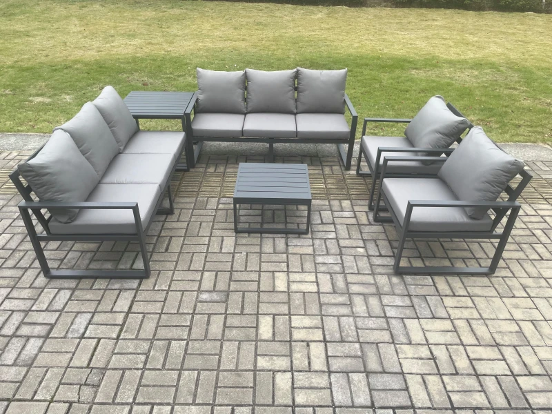 Image of Fimous Aluminium Outdoor Lounge Sofa Set Garden Furniture Sets with Square Coffee Table 2 Chairs Side Table Dark Grey 8 Seater Dark Grey Unisex