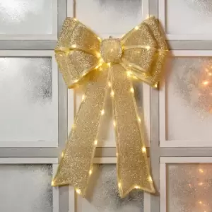 Image of Festive Gold Battery Operated Christmas Door Bow with 84 Warm White LEDs