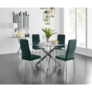 Image of Furniturebox UK - Furniturebox Novara 120cm Round Dining Table and 4 Green Milan Velvet Dining Chairs Diamond Stitch Modern Contemporary Chrome Metal