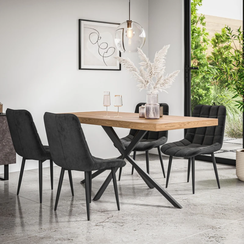 Image of More4Homes Donni Dining Table And Chairs - Oak Effect Table Top W Black Legs + Nova Velvet Dining Chair Set Of 4 (Black)