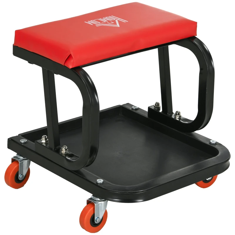 Image of HOMCOM Workshop Stool, Rolling Mechanic Stool with 360 Degree Swivel, Red Red