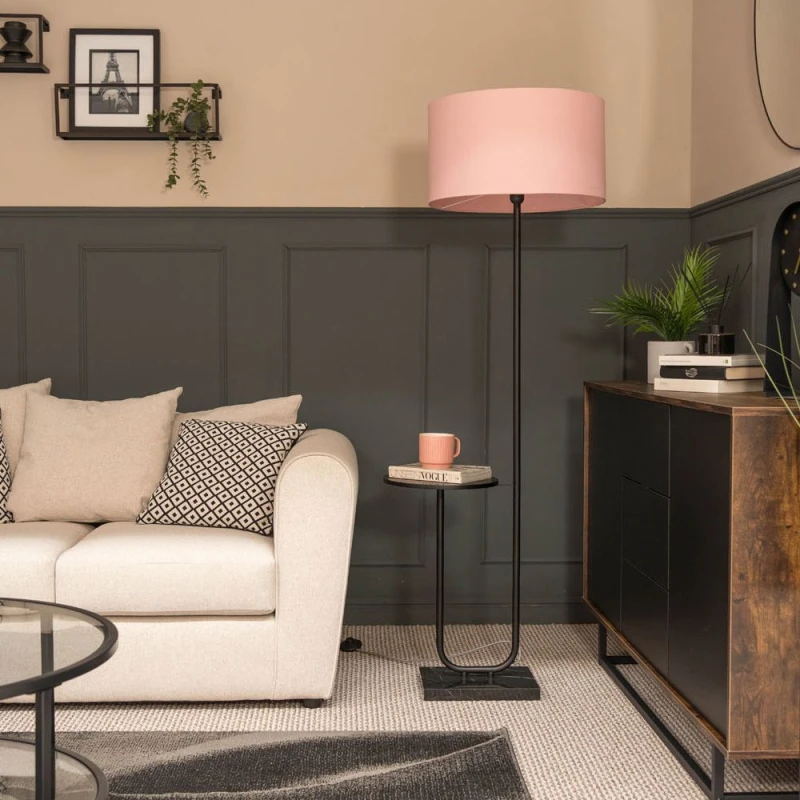 Image of ValueLights Tavel Black Marble Base Floor Lamp With Table And Large Blush Pink Shade Black