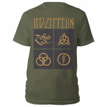Image of Led Zeppelin - Gold Symbols in Black Square Unisex Medium T-Shirt - Green