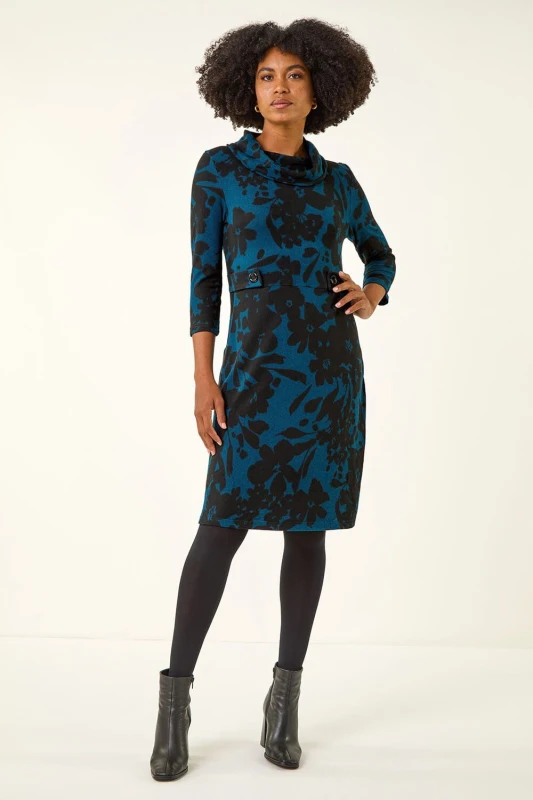 Image of Roman Womens Floral Print Cowl Neck Dress in Teal Size: 12 Teal Female 12