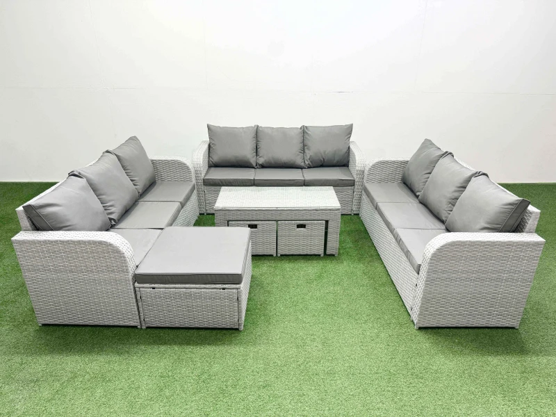 Image of Fimous PE Rattan Lounge Sofa Set 12 Seater Outdoor Garden Furniture Set with Oblong Coffee Table 3 Seater Sofa 3 Stools Light Grey Light Grey
