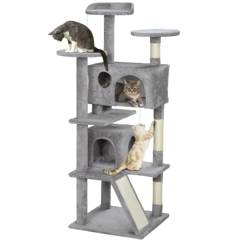 Image of PawHut 138cm Cat Tree with Scratching Posts and Pad, Bed, Condos, Light Grey D30-874V00LG