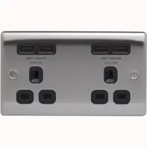 Image of BG Nexus Metal Brushed Steel 2 Gang Plug Socket with 4 x USB Outlets Outlet Black Insert 13A - NBS24U44B