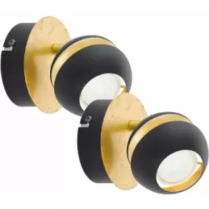Image of 2 pack Wall 1 Spot Light Round Black & Gold Shade / Back Plate GU10 1x3.3W Inc