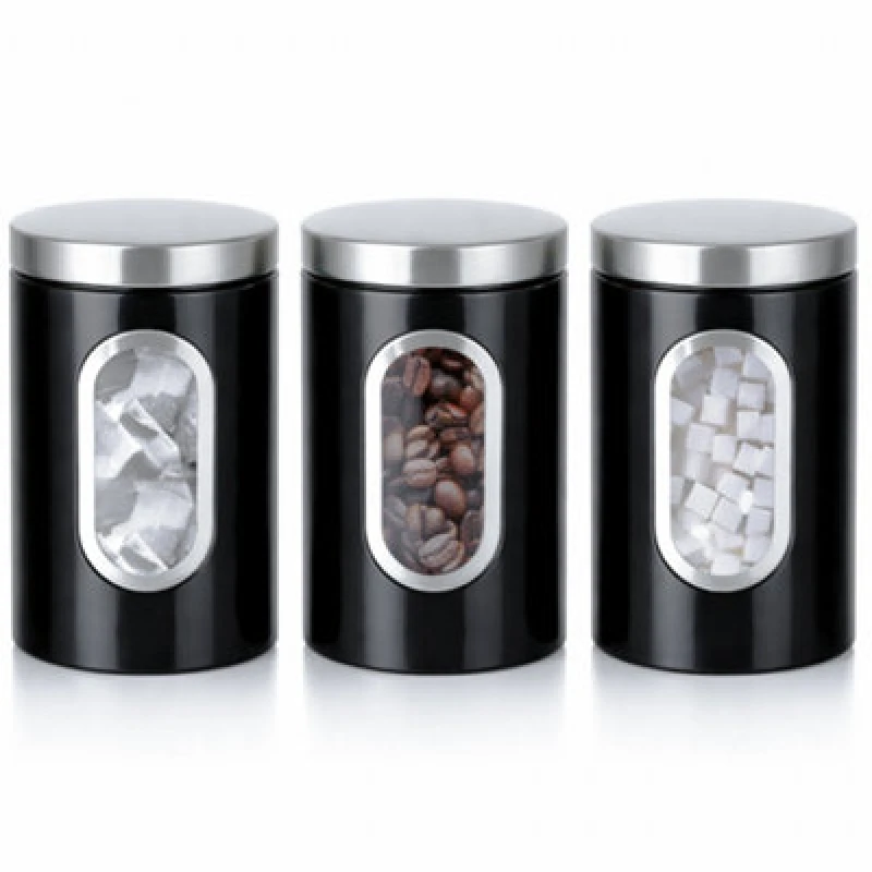 Image of Innoteck Essentials 3Pc Stainless Steel Kitchen Canister Set With Viewing Window & Secure Lids - Black