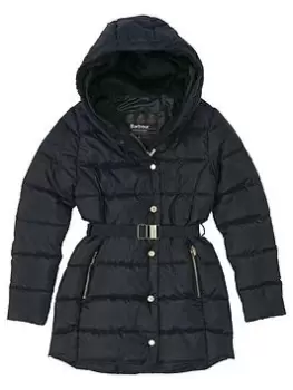 Image of Barbour International Girls Track Line Quilt Long Line Coat - Black, Size 6-7 Years, Women