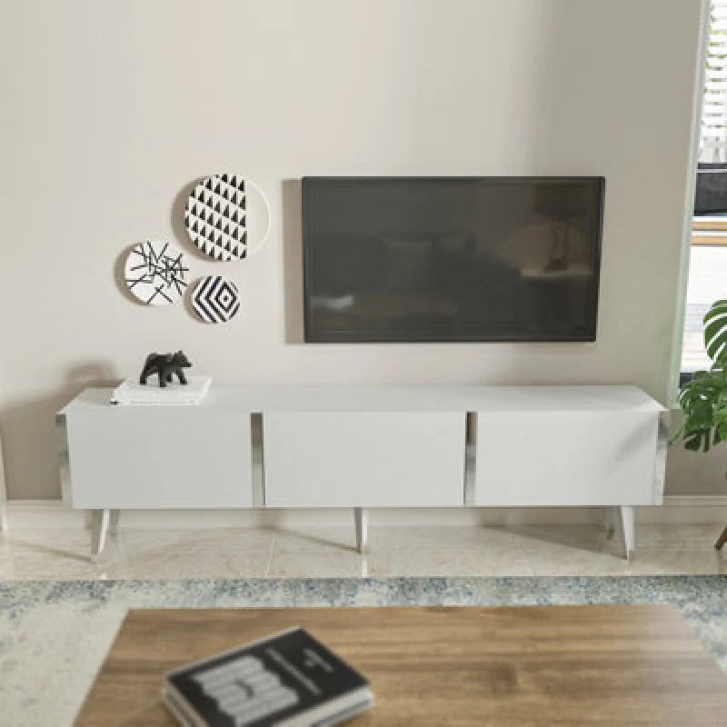 Image of Decorotika Milagro TV Stand TV Unit with Three Drop-Down Cabinets - Silver Multi