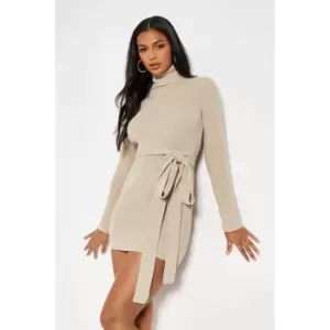 Image of I Saw It First Knitted Turtle Neck Belted Mini Dress - Brown