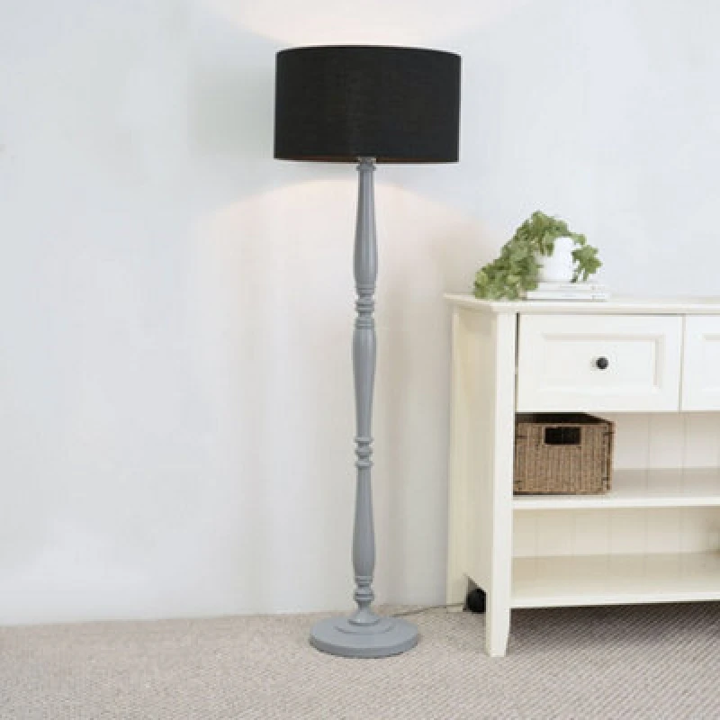 Image of ValueLights Victoria Grey Wood Traditional Stem Floor Lamp with Fabric Drum Shade & LED Bulb Black