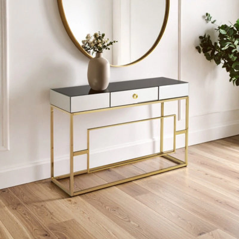 Image of Orsina Vintage Design Console Table, Spacious Lounge Table With Black Mirrored Top, Reflective Gold Finish Table