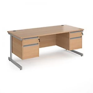 Image of Dams International Straight Desk with Beech Coloured MFC Top and Silver Frame Cantilever Legs and 2 x 2 Lockable Drawer Pedestals Contract 25 1800 x 8