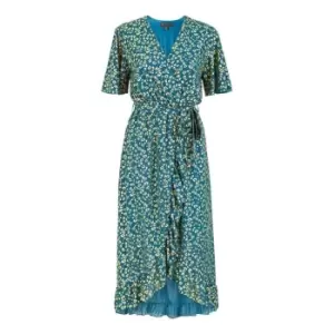 Image of Mela London Teal Leopard Foil Print Wrap Midi Dress - Blue