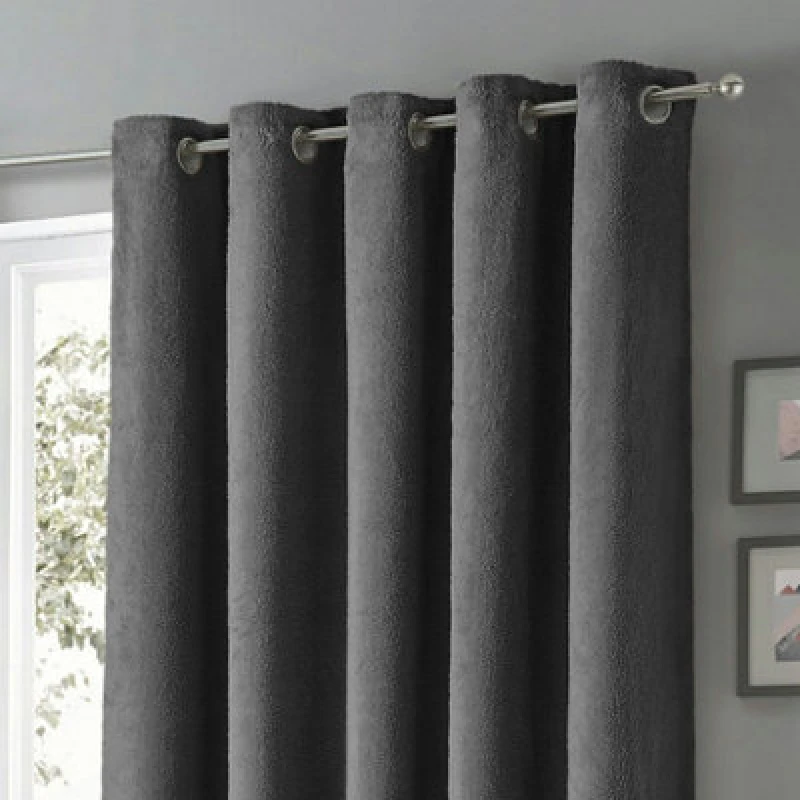 Image of Velosso Teddy Fleece Readymade Eyelet Curtains - Charcoal