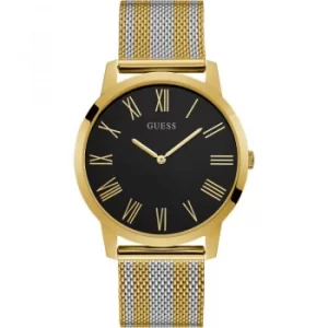 Image of GUESS Gents gold watch with Black dial and two tone mesh bracelet.