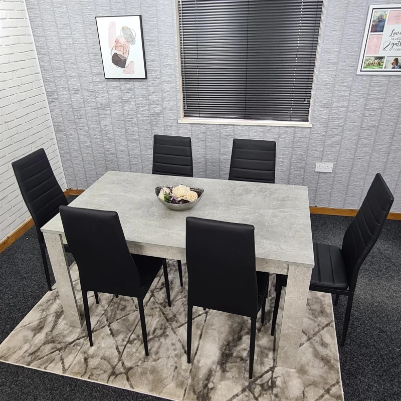 Image of KOSY KOALA Dining Table and 6 Chairs Stone Grey Effect Wood Table 6 Black Leather Chairs Dining Room Grey