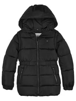 Image of Tommy Hilfiger Girls Hooded Zip Off Sleeve Jacket - Black, Size 8 Years, Women