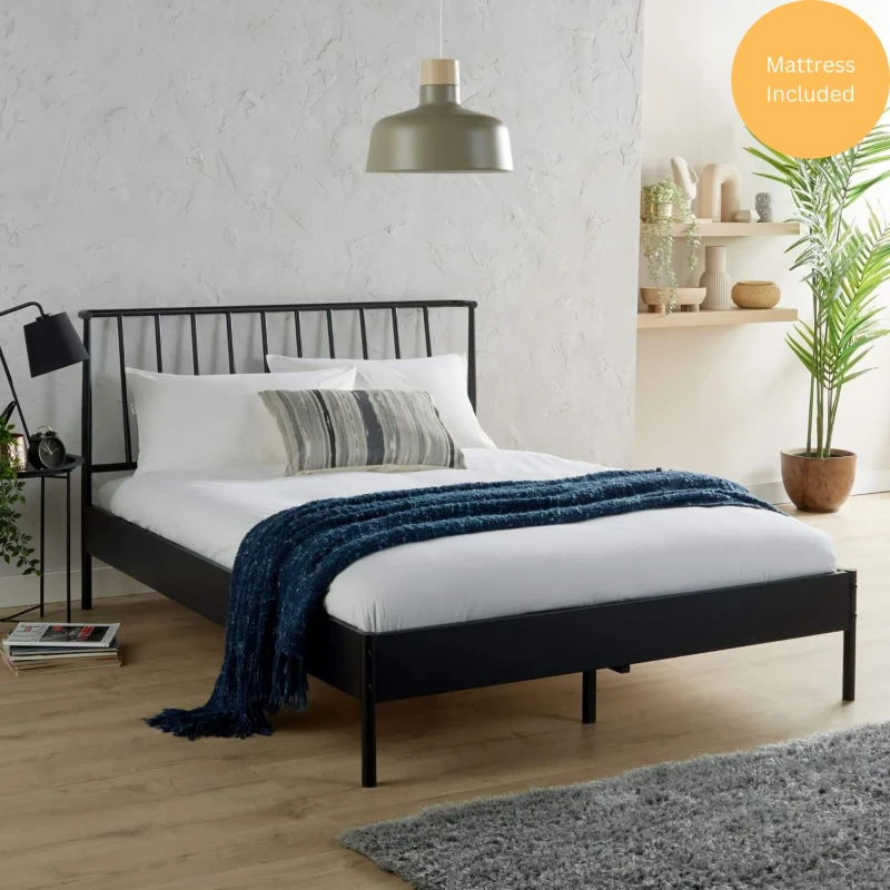 Image of Home Source Metal Frame Bed & Matress Bedroom Furniture Black