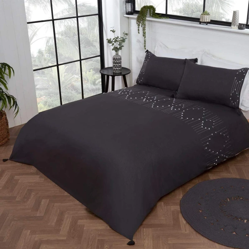 Image of Smart Living Smart Living Luxury Hotel Quality Boho Embroidered Tassels Duvet Cover with Pillowcases in Charcoal Size: King Charcoal King Unisex 505