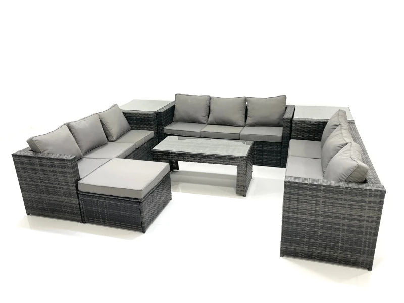 Image of Fimous Outdoor Garden Furniture Set 10 Seater Rattan Sofa Set with Coffee Table Big Footstool 2 Side Tables Dark Grey Mixed Dark Grey
