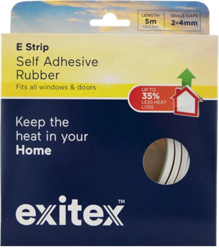 Image of Exitex E Strip Self-Adhesive Rubber Seal (5M Roll), Draught Excluder For Doors & Windows, Seals Gaps 2mm To 4mm (White)