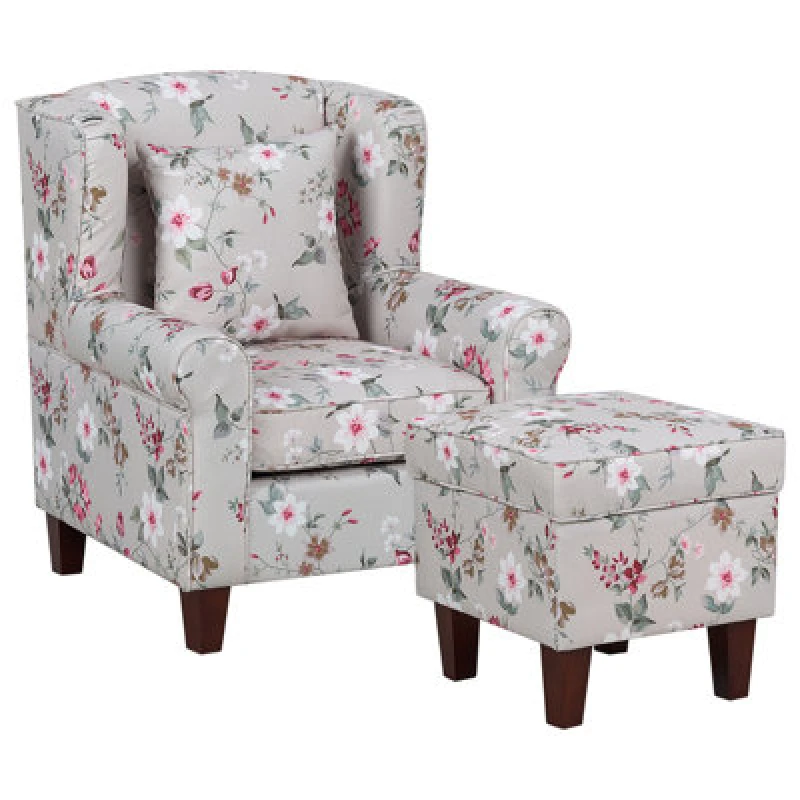 Image of Beliani Wingback Chair Hamar With Footstool Fabric Light Grey