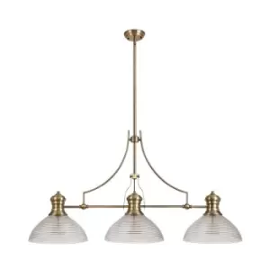 Image of Luminosa Lighting - 3 Light Telescopic Ceiling Pendant E27 With 33.5cm Prismatic Glass Shade, Antique Brass, Clear