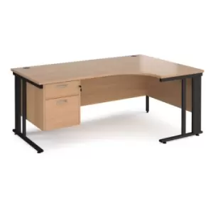 Image of Office Desk Right Hand Corner Desk 1800mm With Pedestal Beech Top With Black Frame 1200mm Depth Maestro 25 MCM18ERP2KB