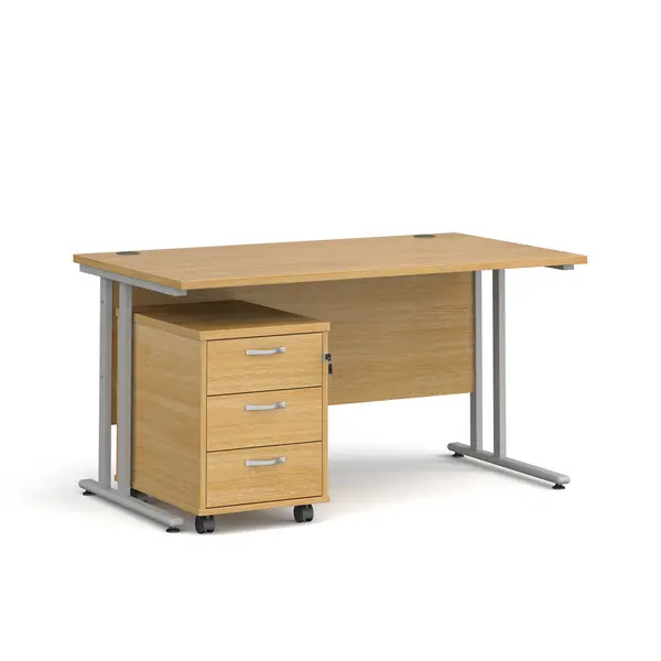 Image of Maestro 25 Straight Desk Silver Frame Oak Table Top and 3 Drawer Pedestal - 1400mm