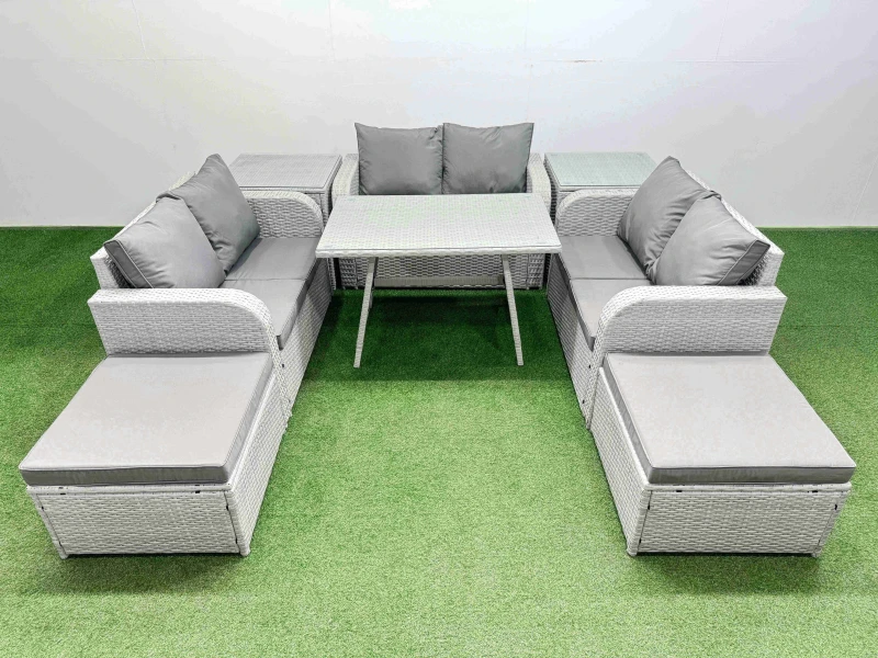 Image of Fimous Rattan Garden Furniture Dining Set 8-Seater Patio Rectangular Table Love Sofa Set With 2 Side Tables 2 Big Stools