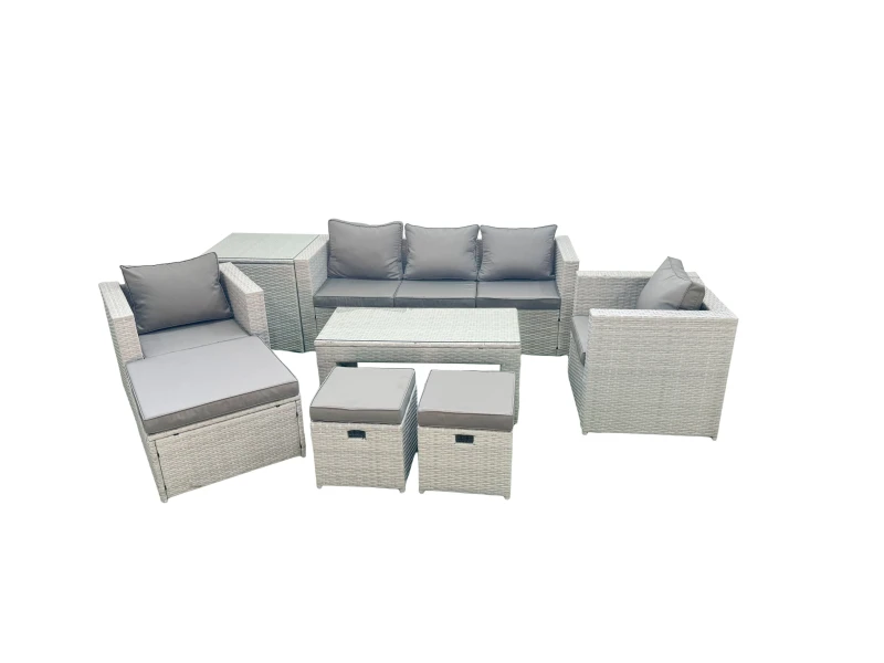 Image of Fimous Rattan Garden Furniture Set 8 Seater Outdoor Garden Sofa Oblong Coffee Table Set with 2 Chairs 3 Stools Side Table Light Grey Mixed Light Grey